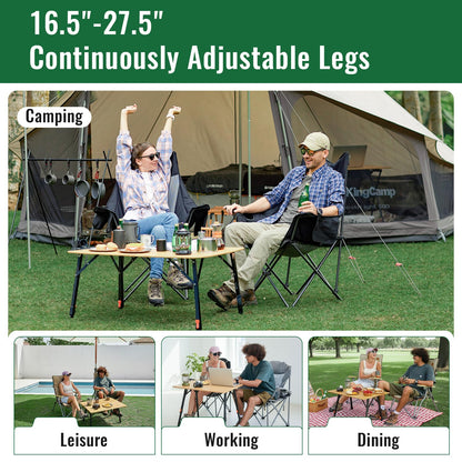 KingCamp Bamboo Folding Table, 4-Fold Camping Adjustable Height Portable Outdoor Lightweight & Compact Table with Aluminum Frame for RV Picnic BBQ Tailgating