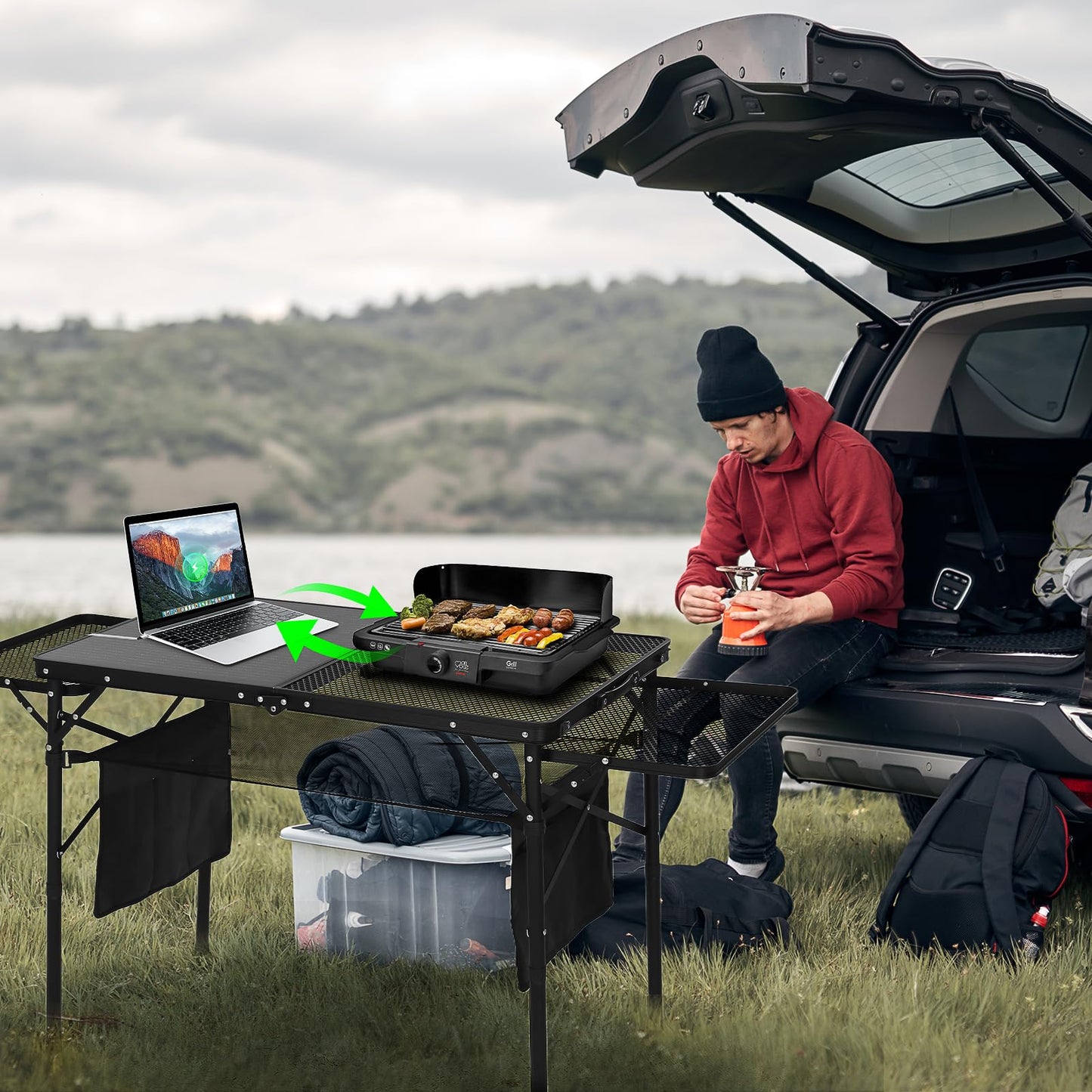 Nice C Camping Table, Ourdoor Folding Grill Table, Tailgate Tables, Solar Panel Tables with USB Type-C&DC Charging Cable, 42W Portable Solar Charger, 2 Side Shelves, with Mesh Net&Cup Holders