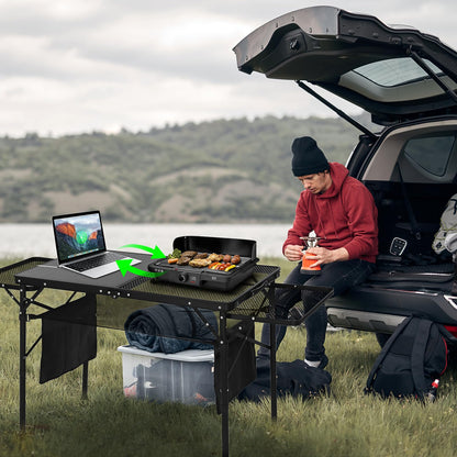 Nice C Camping Table, Ourdoor Folding Grill Table, Tailgate Tables, Solar Panel Tables with USB Type-C&DC Charging Cable, 42W Portable Solar Charger, 2 Side Shelves, with Mesh Net&Cup Holders