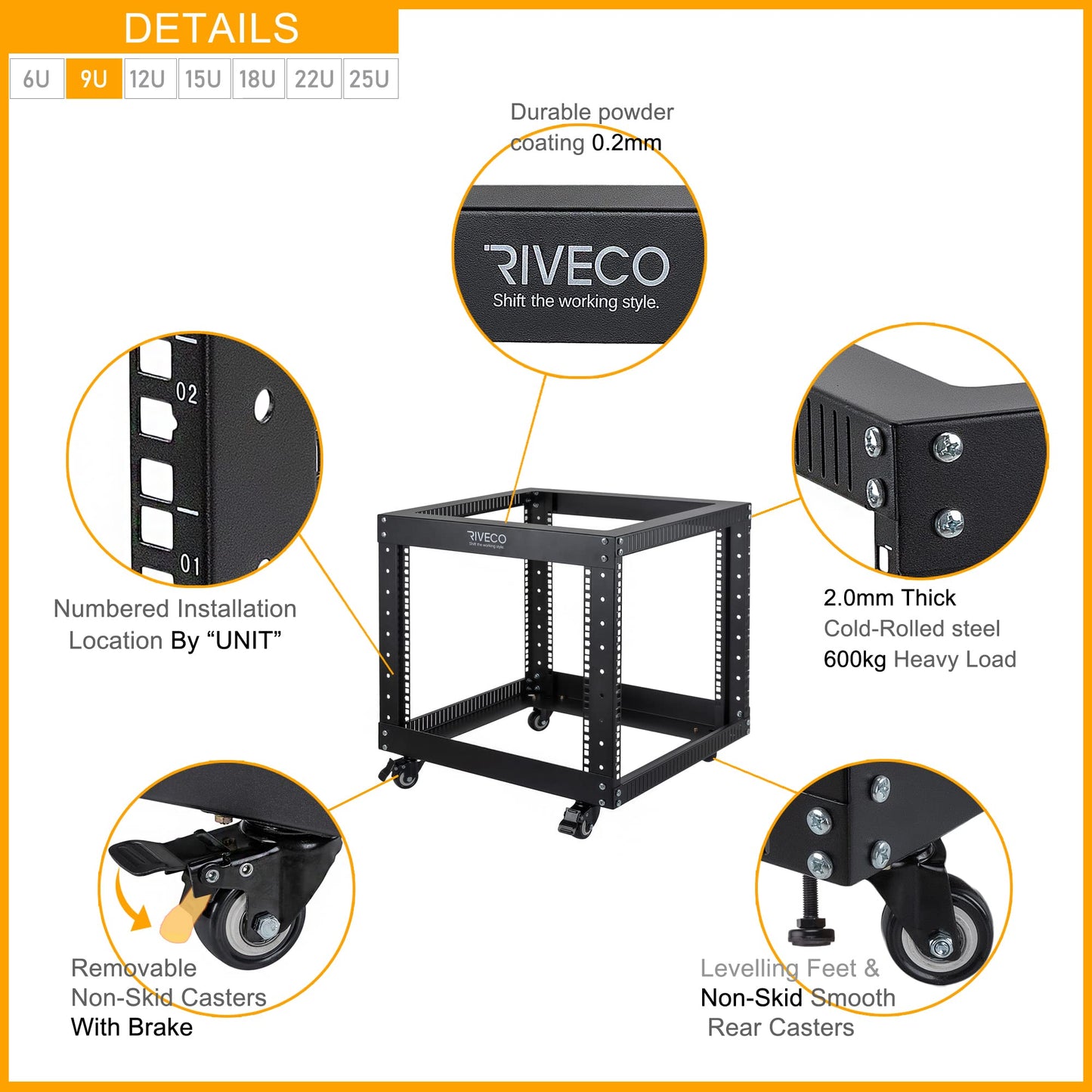 RIVECO 9U Open Frame Server Rack with Casters- Heavy Duty 4 Post Quick Assembly 19-inch, Stereo Rack Network Cabinet Black