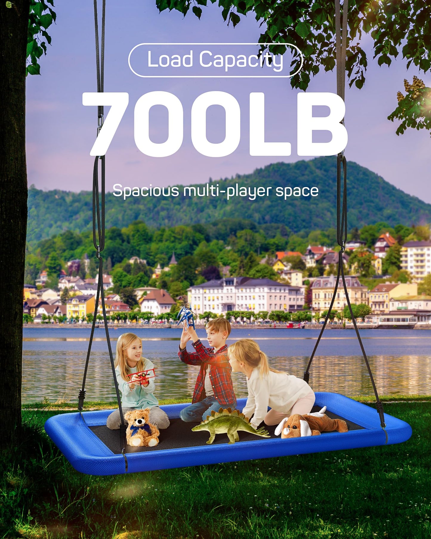 Everyfun 60" Tree Swing for Kids and Adults, 700lbs Capacity, Waterproof Rectangle Platform Swing with Adjustable Straps for Outdoor & Indoor Use-Ocean Blue