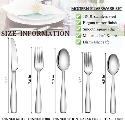Herogo 18/10 Stainless Steel Silverware Set, 60-Piece Fancy Flatware Cutlery Set for 12, Modern Eating Utensils Tableware for Home Restaurant Wedding, Mirror Polished, Dishwasher Safe