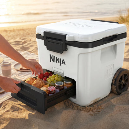 Ninja FrostVault 42qt Wheeled Cooler with Cold Dry Zone | Integrated Fridge-Temp Dry Storage Drawer | Premium Heavy-Duty Insulated Cooler | Keeps Ice Cold for Days | Lakeshore Blue | FB242BL