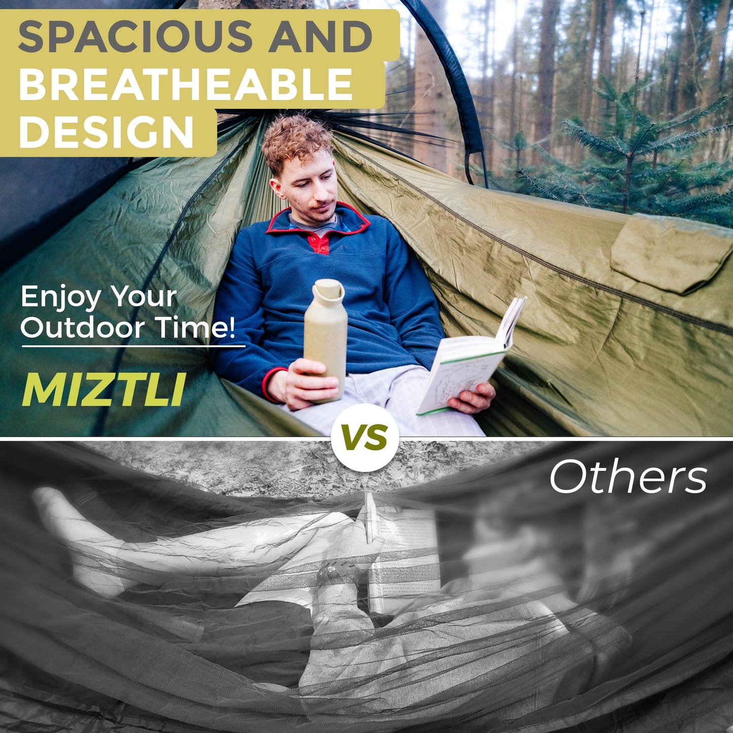Miztli Camping Hammock with Net & Rain Fly All-in-1 - Double & Single Portable Hammock Ripstop Nylon, Complete Kit w/Adjustable Tree Straps for Backpacking, Outdoor, Travel