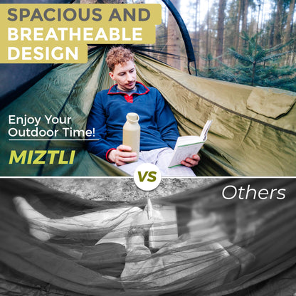 Miztli Camping Hammock with Net & Rain Fly All-in-1 - Double & Single Portable Hammock Ripstop Nylon, Complete Kit w/Adjustable Tree Straps for Backpacking, Outdoor, Travel
