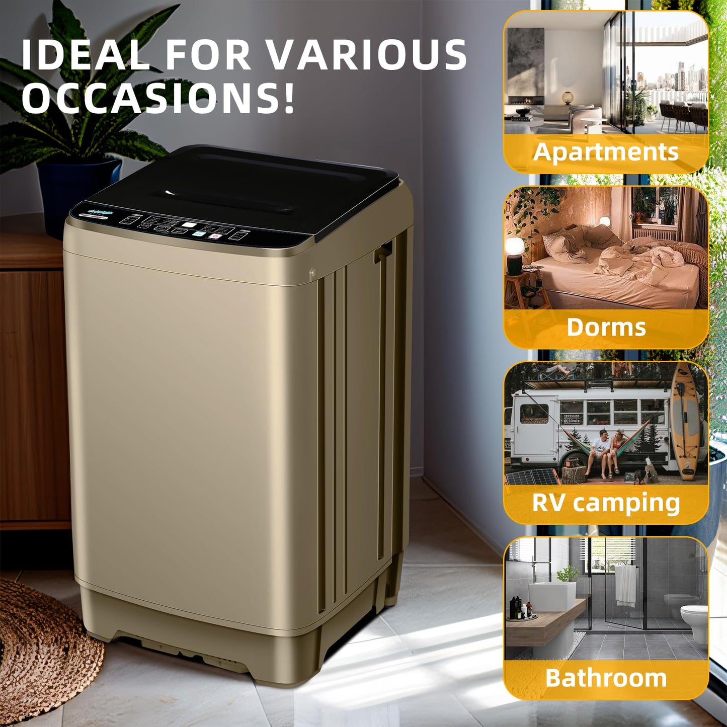 Qhou Full-Automatic Washing Machine, 15.6lbs Capacity Portable Washer, with Drain Pump, LED Display/8 Water Levels Selections/10 Programs Compact Laundry Washer for RV, Camping, Apartment, Dorm（Gold)