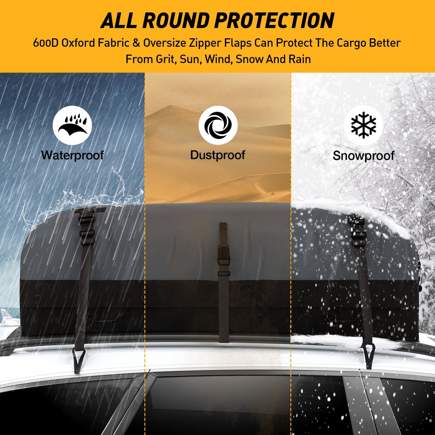 Rooftop Cargo Carrier Bag, WILDROAD 21 Cubic Feet 600D Ultra Anti-Tear Fabric Waterproof Car Roof Bag, Soft-Shell Roof Bag with Storage Bag, Anti-Slip Mat and 6 Door Hooks Fits Car with/Without Racks