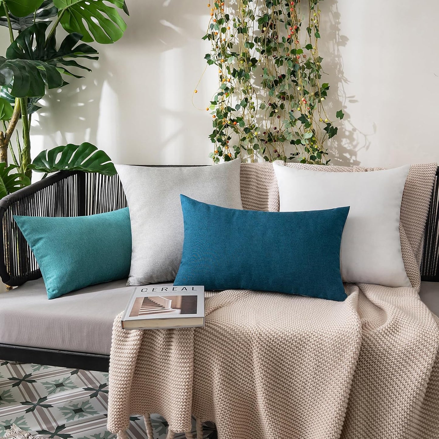 MIULEE Decorative Outdoor Throw Pillow Covers - Waterproof Faux Linen Cushion Cases | 20x20 Inch Blue, Set of 2