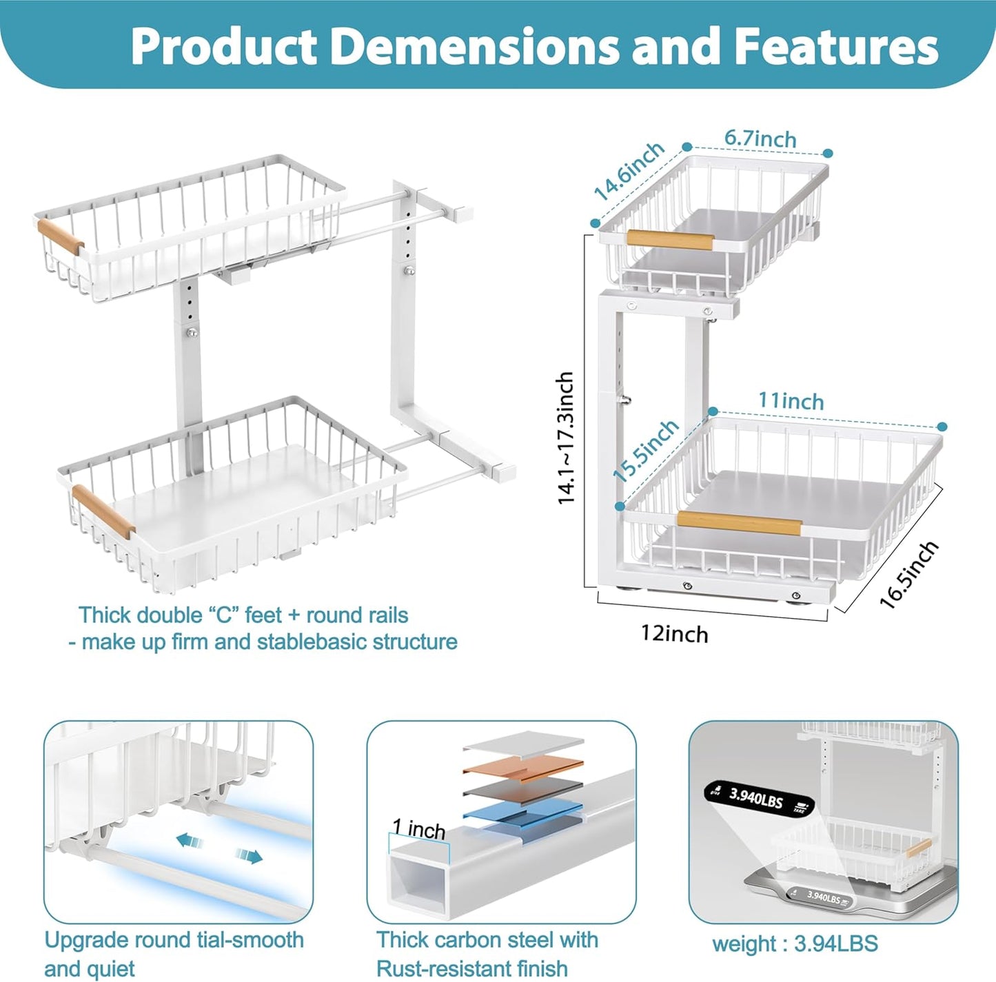 Liuoud Under Sink Organizer - 2 Pack Adjustable 2-Tier Storage Solution for Kitchen & Bathroom Cabinets, White