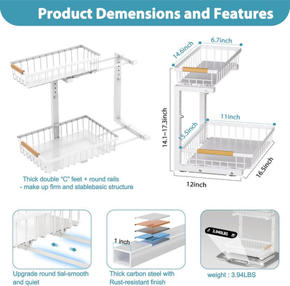 Liuoud Under Sink Organizer - 2 Pack Adjustable 2-Tier Storage Solution for Kitchen & Bathroom Cabinets, White