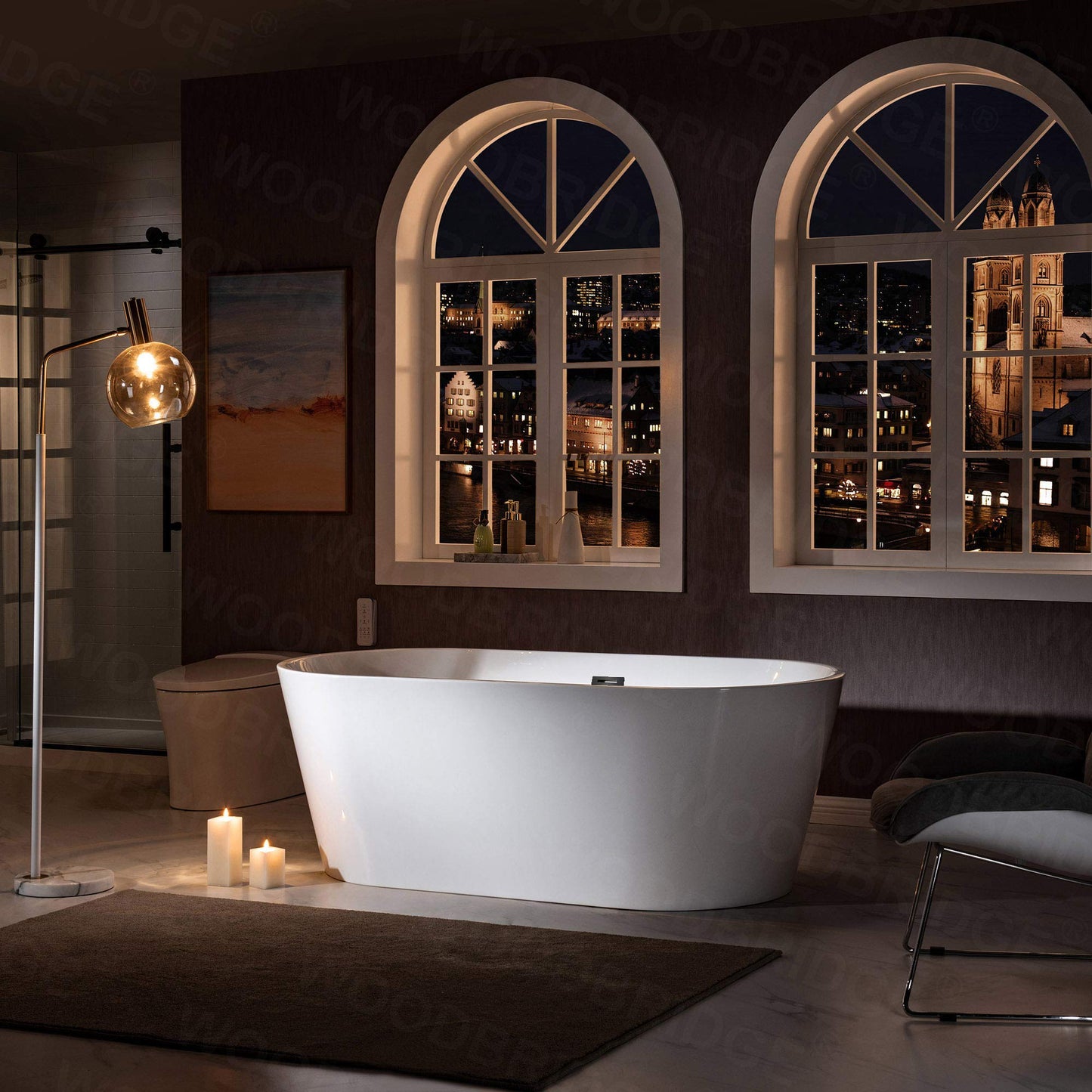 WOODBRIDGE 67" Freestanding Acylic Soaking Bathtub with White, Drain and Overflow inMatte, BTA1513-MB-Drain &O+ Pillow, Matte Black