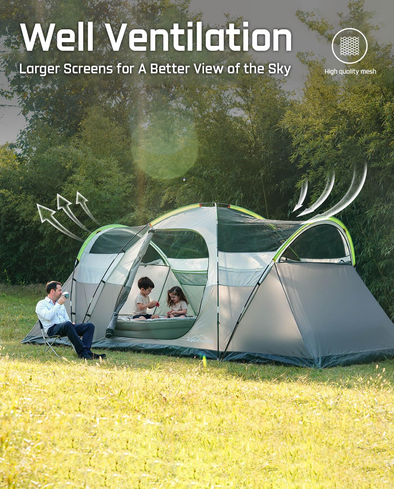LOYEAHCAMP 8 Person Larger Extended Dome Camping Tent with 3 Rooms, Waterproof Semi-Freestanding Family Outdoor Tent with Porch and Spacious Interior