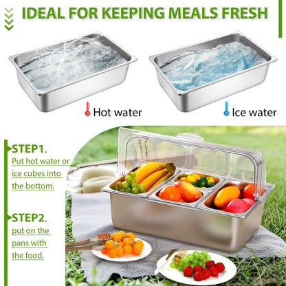 Ziliny 4 Pans Countertop Ice Food Serving Display Container and Clear Roll Top Cover Stainless Steel Condiment Dispenser Serving Tray Salad Bar Buffet Station for Restaurant Hotel Kitchen Party