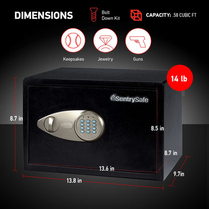 SentrySafe Safe with Digital Keypad Lock, Steel Safe with Interior Lining and Bolt Down Kit for Money, Jewelry, Electronics, 0.58 Cubic Feet, 8.7 x 13.8 x 9.7 Inches, X055