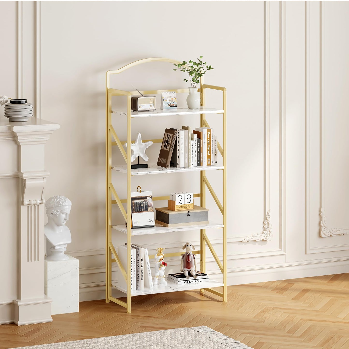 BHG No Assembly Folding Bookshelf for Living Room,Semicircle Collapsible Book Shelf for Home Office, Portable Bookcase Storage Organizer Rack Shelves