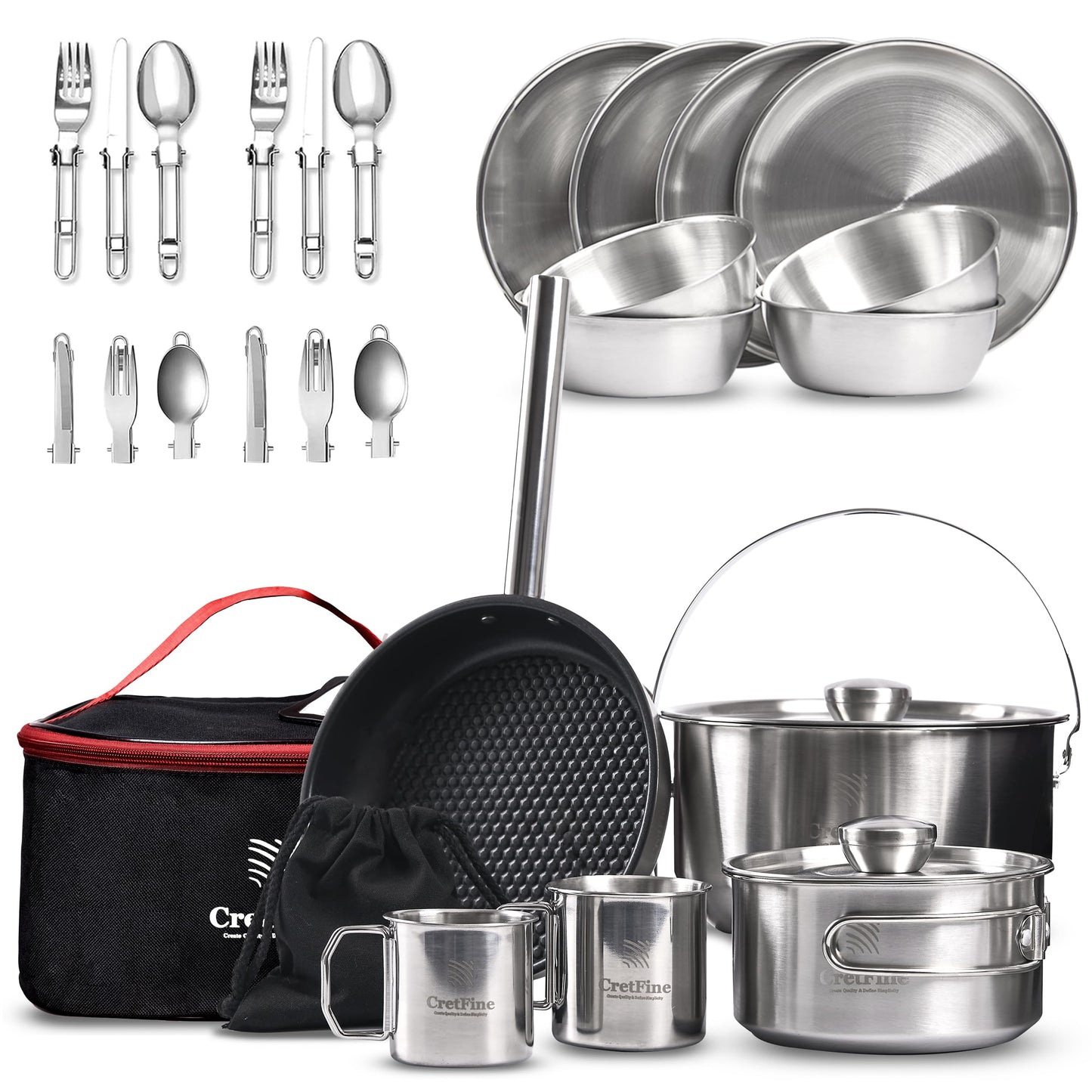 CretFine CompactKit Camping Cookware Set Stainless Steel Pots and Pan with Detachable Handle and Oxford Cloth Bag, for 4-8 Mess Kit with Utensils for Camp Kitchen, Picnic, BBQ, Traveling, Emergency