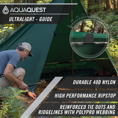 AquaQuest Guide Tarp – Ultralight Waterproof (5,000 mm) Seam‑Taped 40D Ripstop Rain Fly for Backpacking, Stealth Camping & Thru‑Hiking – 10×10 Olive Drab