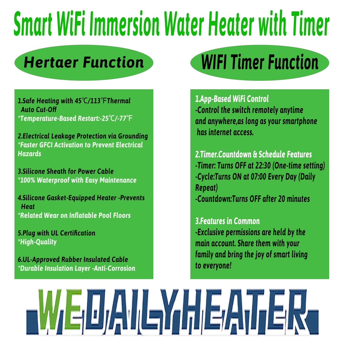 1500W Immersion Water Heater for Bathtub&Above Ground Pool – Portable Fully Submersible Electric Heater with WiFi Timer & Auto Shut Off to Swimming Pool, Tub, Bucket, Inflatable Pool & Baptistry etc