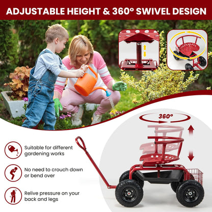 ERGOMASTER Rolling Garden Seat with Wheels, Adjustable 360° Swivel Workseat and Storage Basket, Extendable Handle, Outdoor Gardening Wagon Scooter, Red