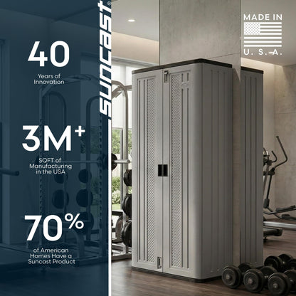 Suncast Tall Storage Cabinet for Garage Organization - 72" Freestanding Utility Closet with Shelving for Garden Supplies, Paint Cans & Outdoor Tools, Multi-Wall Resin Construction, Platinum