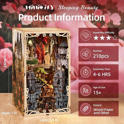 DIY Book Nook Kit for Adults 3D Wooden Puzzle Bookend Bookshelf Insert Decor with LED Light and Dust Cover (Sleeping Beauty)