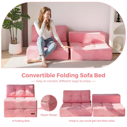 MAXYOYO Folding Sofa Bed, Convertible Sofa Bed with High-Density Support Foam, Portable 4 in 1 Fold Out Chair to Floor Lounger, Versatile Floor Couch for Living Room Bedroom, Pink