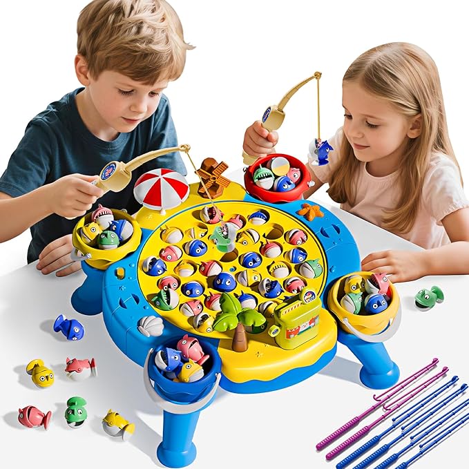 ORANGE OCEAN 70 PCS Magnetic Fishing Table Game for Kids Boys Toddlers Ages 3-5 4-6 Magnetic Fishing Toys with 360° Rotation &amp Sound Birthday Toys Gifts for 3 4 5 6 Year Old Boys Kids 1-8 Playe