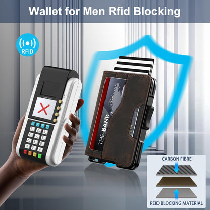 Kunlgro Wallet for Men - Pop Up Case, Cash Slot, and Credit Card Wallet - Slim Minimalist Aluminum Front Pocket Wallet with RFID Blocking/ID Window (Genuine Leather Dark Coffee)