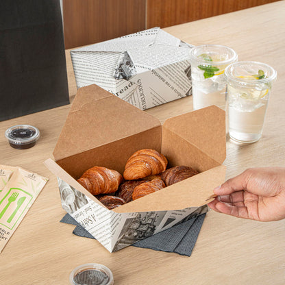 Restaurantware Bio Tek 98 Ounce Take Out Boxes 200 To Go Lunch Boxes - Tab-Lock Closure Heat-Tolerant Newsprint Paper Disposable Lunch Boxes Greaseproof For Hot And Cold Foods
