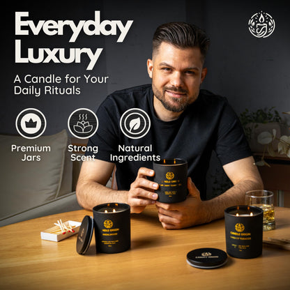 Luxury Candles for Men Gift Set (3×10oz) – Strong Masculine Scents (Mahogany Teakwood, Whiskey Tobacco, Sandalwood) – Long Lasting Soy Candles for Home, Man Cave Decor, Gifts for Him