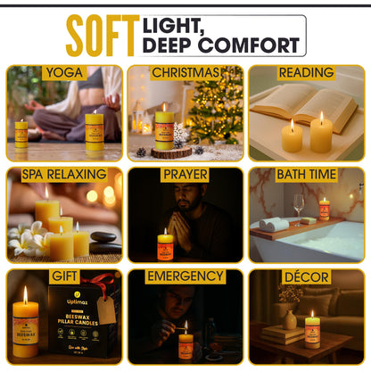 Uptimaz Beeswax Pillar Candles Set of 4, 2x4 Inch, 100% Beeswax Candle with Cotton Wick, Long Burning, Dripless Candle Bees Wax for Home, Décor, Prayer, Emergency