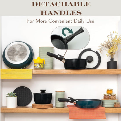 Moss & Stone Nonstick Cookware Set - 10-Piece Space-Saving Pans with Removable Handles | RV & Induction Ready