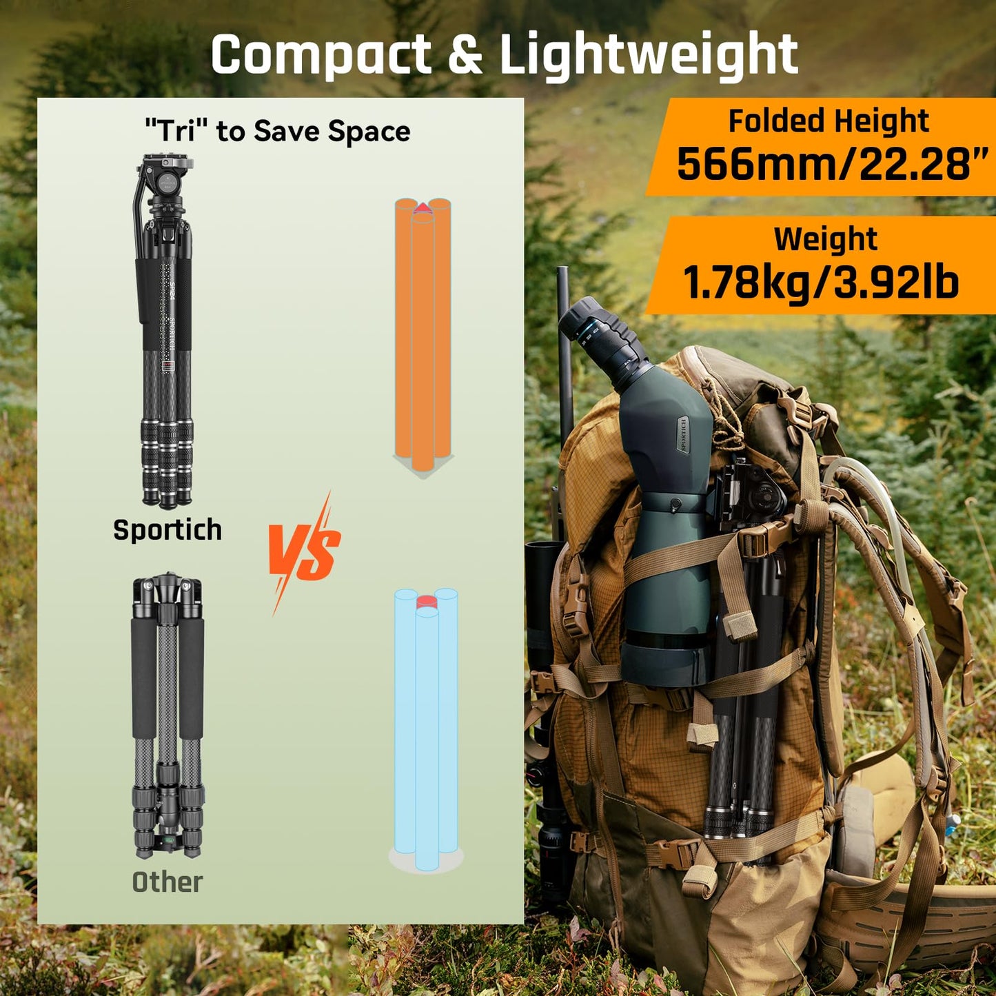 SPORTICH SP124+BX5 Optics Carbon Fiber Tripod with Fluid Pan Head, 62.2" Travel Tripod with Center Column, Binocular Adapter, for Binoculars, Spotting Scopes, Cameras, Max Load 26lbs