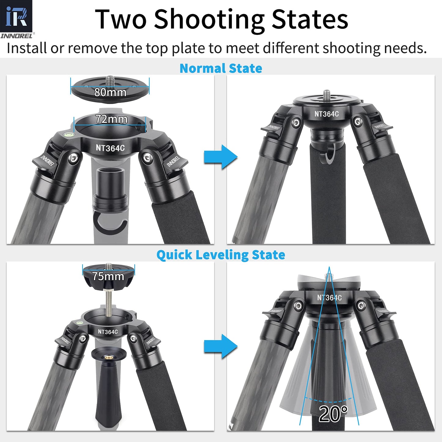 INNOREL NT364C Professional Carbon Fiber Tripod - Heavy Duty Camera Stand, 55lb/25kg Max Load, 75mm Bowl Adapter (Max Tube 36mm)