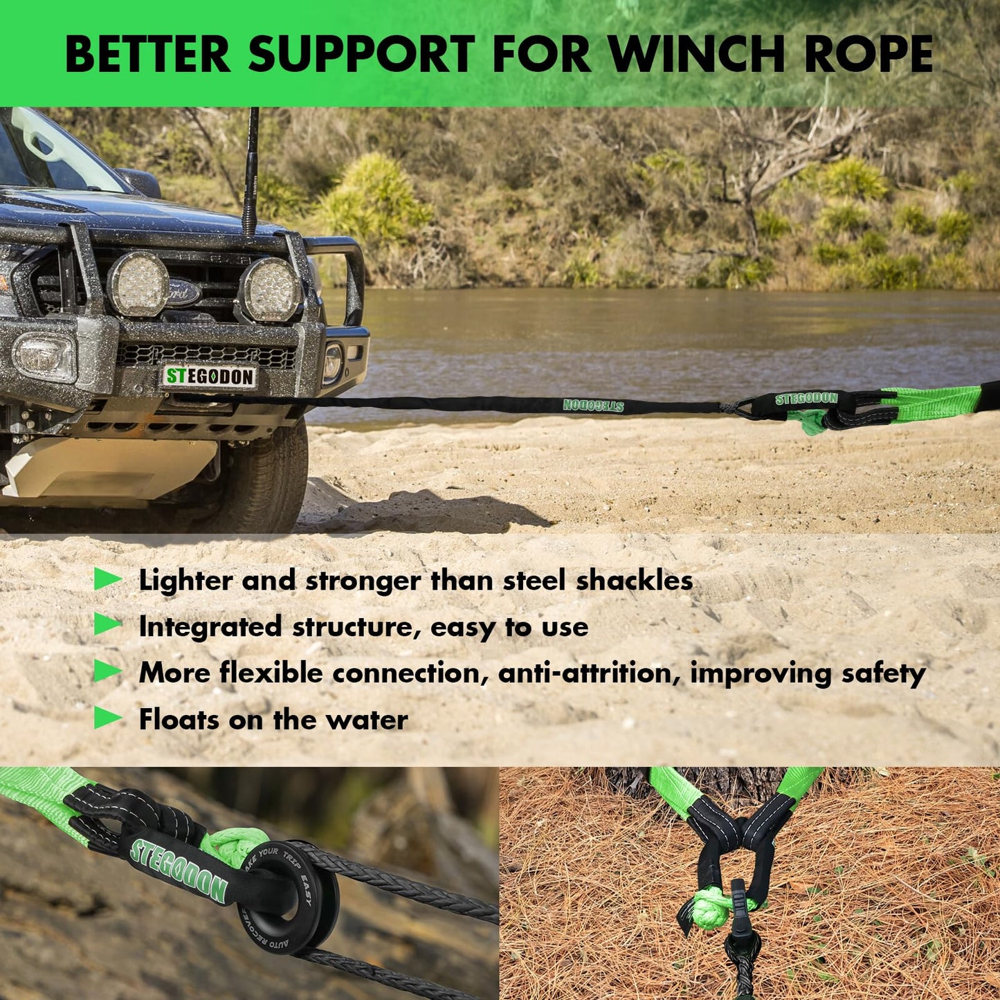 STEGODON Winch Rope 1/2 in x 85 ft Synthetic Winch Rope Kit,32000 LBS Winch Line Cable with Soft Shackle,Winch Hook and Safety Pull Strap for 4WD Off Road Vehicle Truck (Black)