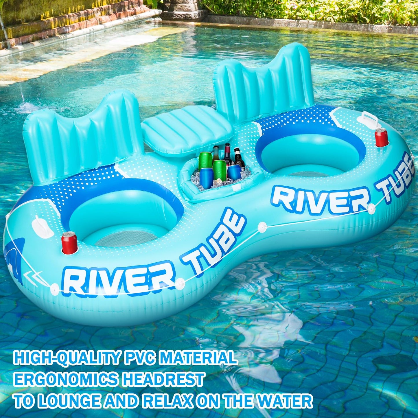 Glimin 3 Pcs Inflatable River Tube Float, 2 Person Heavy Duty Pool Float with Built in Cooler, Ergonomic Backrest and Cup Holders for Adults, Lake Water Tubes for Floating Summer Relaxation
