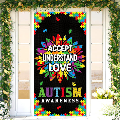 Sunwer Autism Awareness Door Cover - Puzzle Piece Design for April Decoration | Sunflower Front Porch Sign