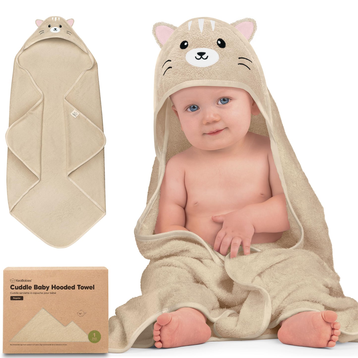 KeaBabies Hooded Baby Towel for Newborn - Viscose Derived from Bamboo Large Baby Bath Towels with Hood for Boys, Girls, Toddler, Extra Absorbent & Soft Newborn Bath Essentials (Cat)