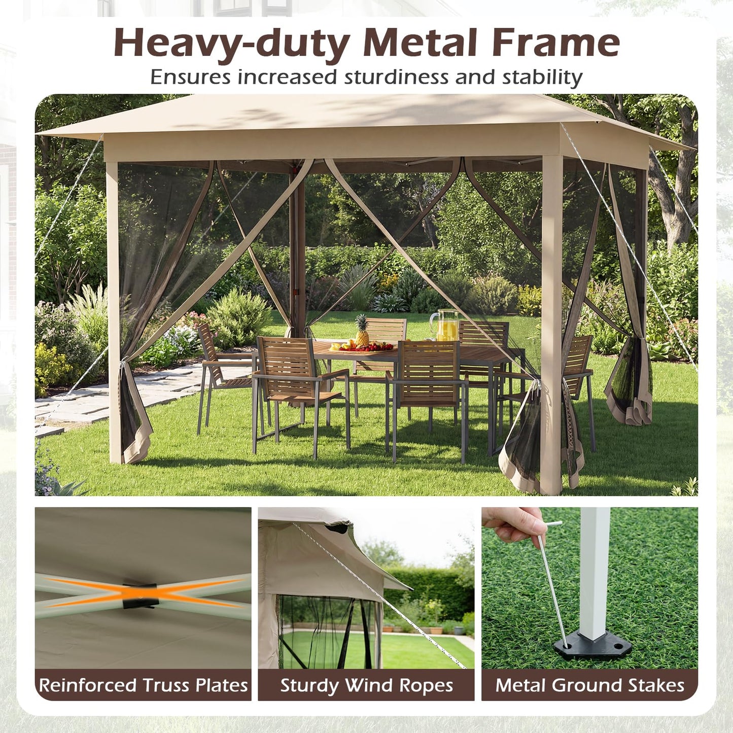 Happygrill 11.5 X 11.5 FT Pop-up Canopy Tent, One-Person Easy Setup Outdoor Screen Gazebo w/Mesh Netting, Vented Top, 4 Doors, Carry Bag, Portable Heavy-Duty Sun Shelter for Party Picnic (Beige)