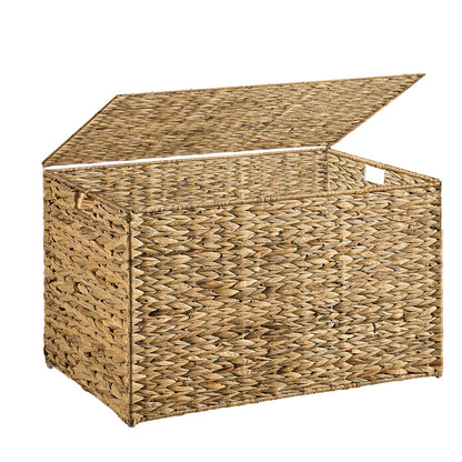MOORLITER Water Hyacinth Storage Basket with Lid, 42.3 Gallon (160L) Wicker Storage Trunk with Handles, Handwoven Wicker Storage Bin for Blanket, Foldable, for Living Room, Laundry Room, Natural