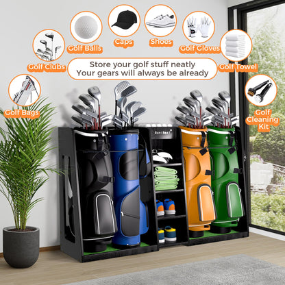 SuniBoxi Golf Organizer for Garage, XL Wooden Golf Bag Storage Rack for 4 Bags, Clubs, Balls & Equipment, Heavy-Duty Golf Bag Holder, Ideal Gift for Golfers, Dad, Husband(4 Bags,Dark Black)