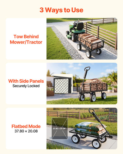 VEVOR 900 LBS Steel Garden Cart, 2 in 1 Handle, Heavy Duty Pullable Garden Wagon with 10" Flat-Free Tires, Outdoor Utility Yard Wagon Cart with Detachable Side Panels, Attach to ATV or Tractor