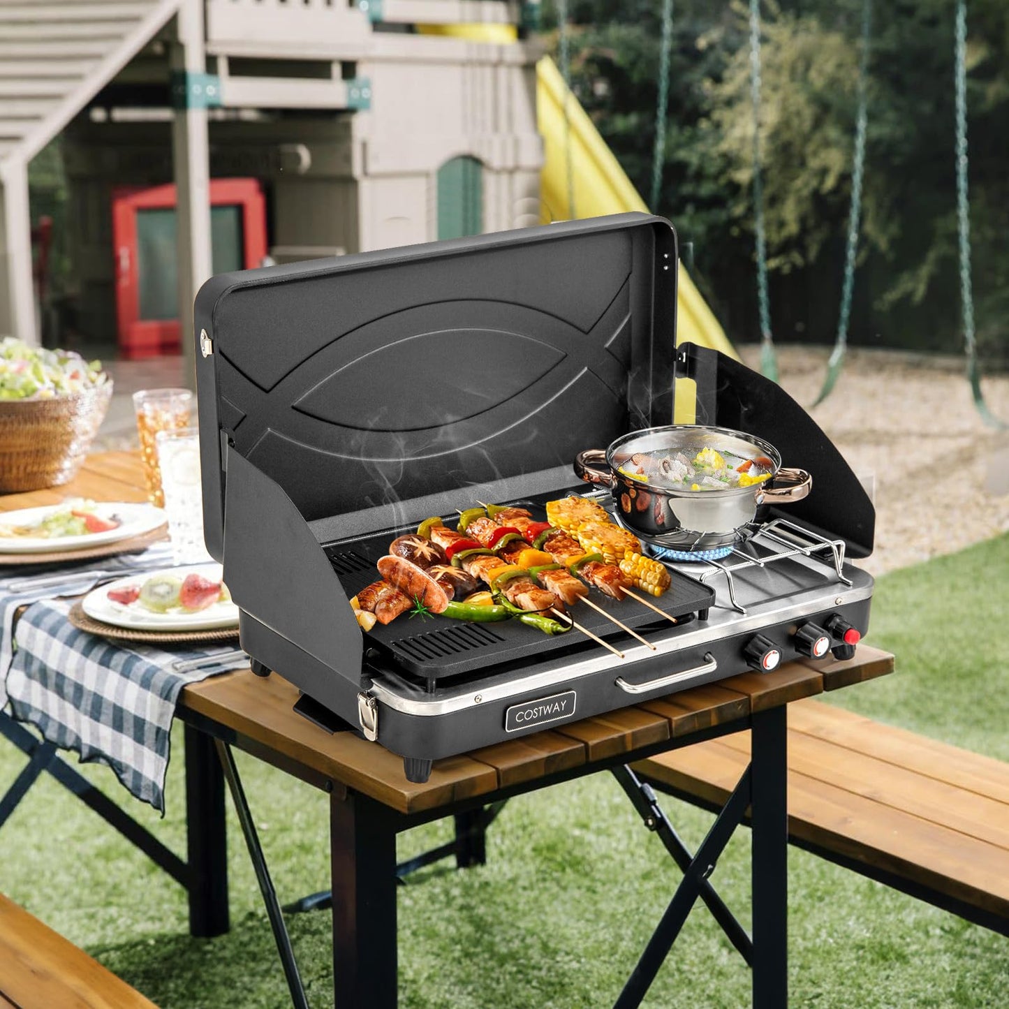 Moccha 2-Burner Propane Camping Stove - Portable Camp Grill w/Dual Control Knobs, Detachable Legs, 3-Sided Wind Screen, 20,000 Total BTUs, Outdoor Grill Stove for Tailgating BBQ Picnic (Black)