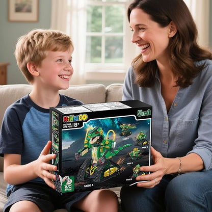 RC Dinosaur Building Toy with Light 5 in 1 Remote Controll Building Block Kit 877 PCS Tech Rechargeable Dinosaur Robot Toys Easter Birthday for Kids Boys Age 8 9 10 11 12+