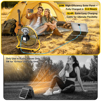 ZMLBTF 16" Solar Powered Fan with 20W Solar Panel & Rechargeable Battery, Portable, Quiet 12 Speed, 360° Tilt Head for Outside, Camping, Travel, Greenhouse, Chicken Coop, Patio, gazebo (Yellow)