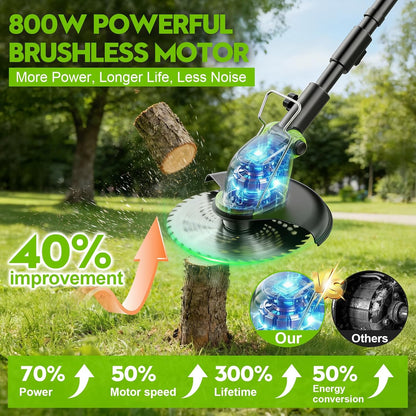 Skiennix 20000 RPM Electric Weed Wacker - Cordless 12" Brushless Grass Trimmer with 4-in-1 Functionality & 2 Batteries