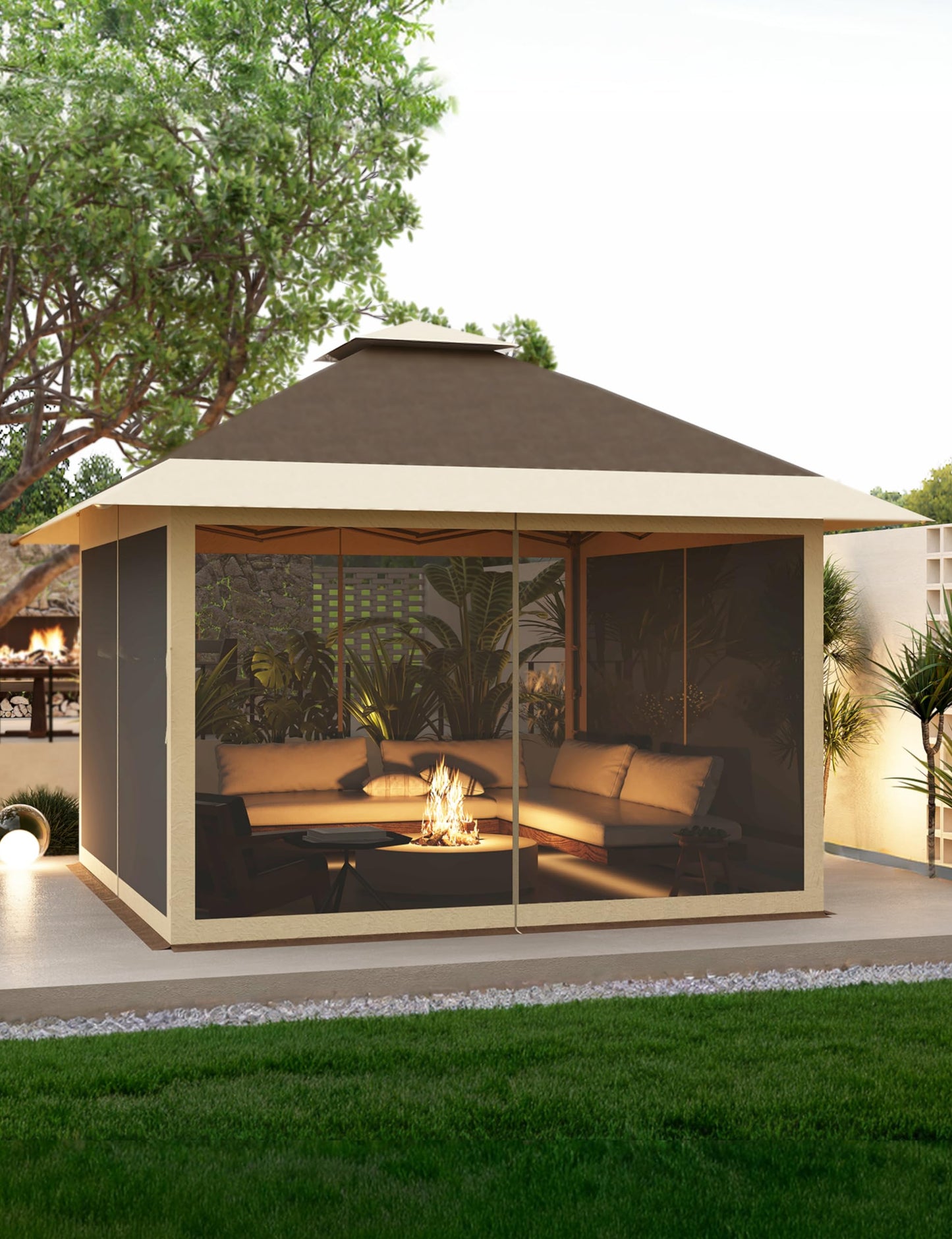 KYBOLT 12x12 Pop Up Gazebo Instant Canopy Tent with Netting 4 Stanbags Outdoor Shelter for Lawn, Garden, Backyard, Deck (Khaki + Dark Khaki)