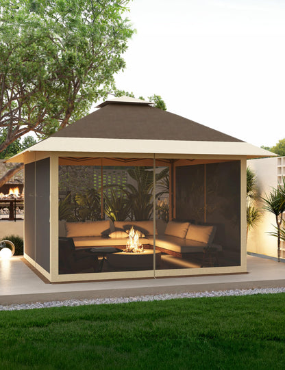 KYBOLT 12x12 Pop Up Gazebo Instant Canopy Tent with Netting 4 Stanbags Outdoor Shelter for Lawn, Garden, Backyard, Deck (Khaki + Dark Khaki)