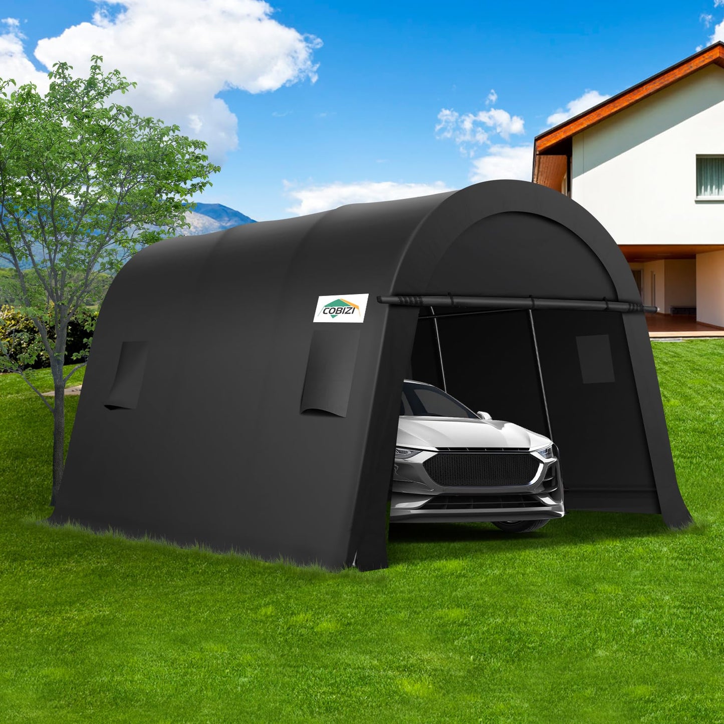 COBIZI 10x15 Carport Canopy Heavy Duty Portable Garage Tent with Double Zippered Roll-up Doors & Vents, Large Space Car Port Car Garage Waterproof Anti-Snow for Cars, Boats, Trucks, Dark Gray