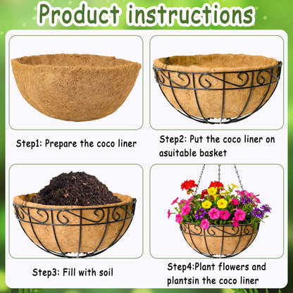 SMYAXUNW 14 Inch Hanging Planters (4 Pack) - Round Metal Baskets with Cocoa Liners for Indoor/Outdoor Gardens, Porch & Patio Decor（HB）